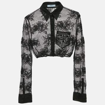 Pre Owned Prada Black Logo Embroidered Chantilly Lace Sheer Crop Shirt S