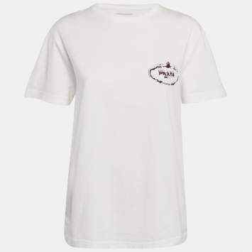 Pre Owned Prada White Logo Embroidered Jersey Crew Neck T-Shirt L