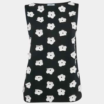 Pre Owned Prada Black Daisy Embroidered Cotton Knit Sleeveless Top M