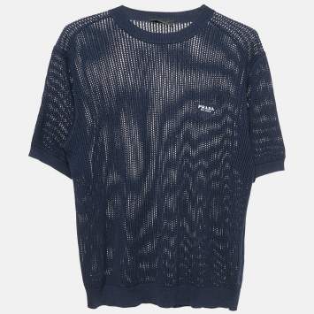 Prada Navy Blue Pinhole Pattern Silk and Cotton Sweater L