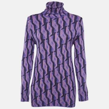 Pre Owned Prada Purple Patterned Knit Wool Turtle Neck Pullover M