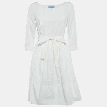 Prada White Cotton Lace Trim Detail Pleated Short Dress S