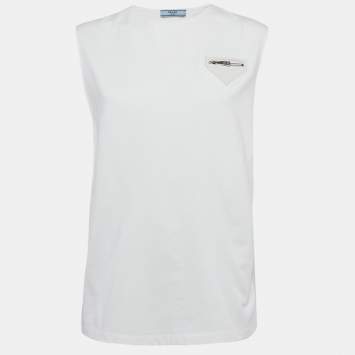 Pre Owned Prada White Cotton Knit Zip Detail Sleeveless Top XS