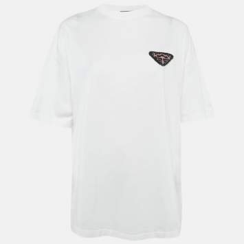 Pre Owned Prada White Logo Patched Detail Cotton Oversized Crew Neck T-Shirt S