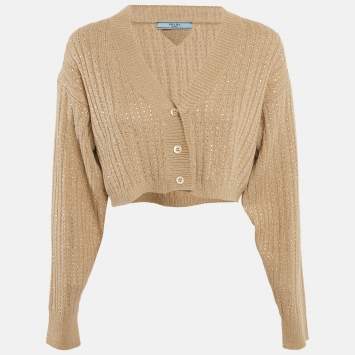 Prada Beige Rib Knit Rhinestones Cardigan M
