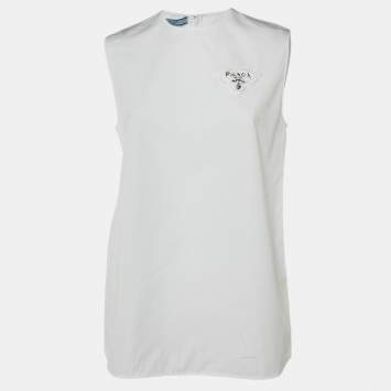 Pre Owned Prada White Cotton Triangle Logo Detail Sleeveless Top S