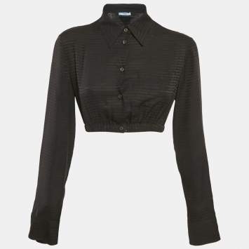 Pre Owned Prada Black Logo Crepe De Chine Silk Crop Shirt S