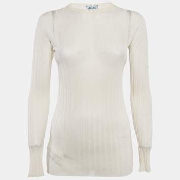 Prada Cream Cashmere Rib Knit Crewneck Sweatshirt S