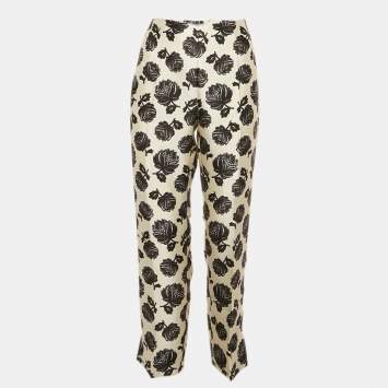 Pre Owned Prada Cream Floral Print Silk Blend Trousers L