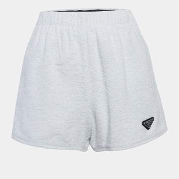 Pre Owned Prada White Triangle Logo Plaque Terry Cotton Shorts XS