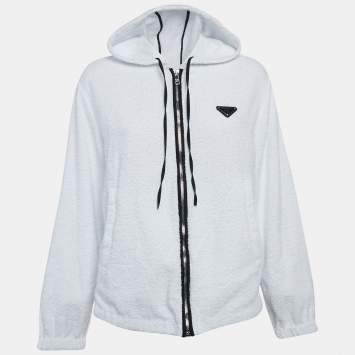 Prada White Terry Cotton Triangle Metal Logo Hooded Jacket S