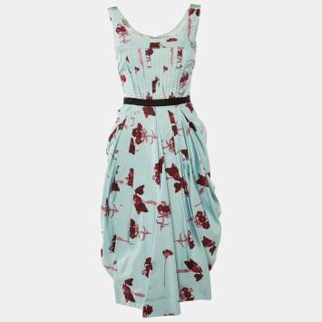 Prada Blue Floral Printed Silk Satin Sleeveless Midi Dress S