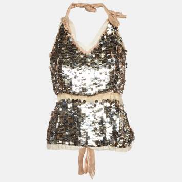 Pre Owned Prada Pink Sequin Embellished Halter Neck Top S