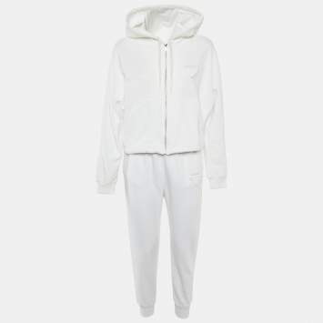 Prada White Cotton Knit Hooded Track Jacket & Pants Set XL