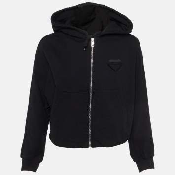 Prada Black Cotton Knit Zip-Up Crop Hooded Sweatshirt S