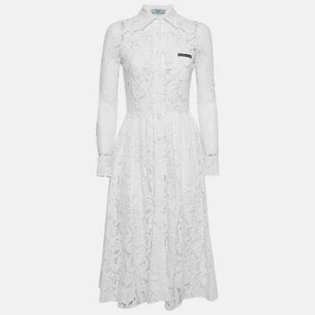 Pre Owned Prada White Lace Button Front Pleated Midi Dress S