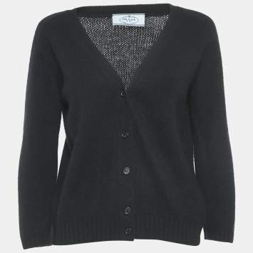 Pre Owned Prada Black Cashmere Patch Detail Button Front Cardigan M