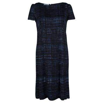 Pre Owned Prada Blue and Black Printed Short Sleeve Sheath Dress M
