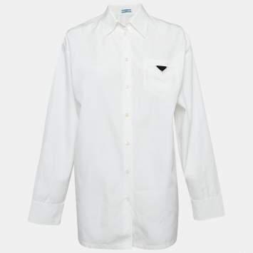 Pre Owned Prada White Cotton Logo Detail Full Sleeve Oversized Shirt S