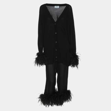 Prada Black Wool Knit Ostrich Feather Top & Pant Suit L