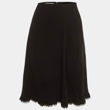 Prada Black Crepe Lace Trim Knee Length Skirt M