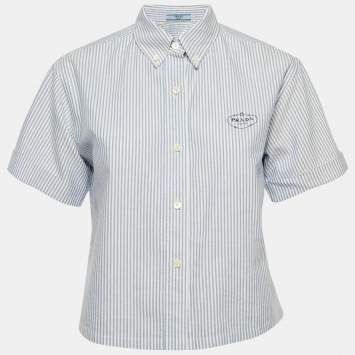 Pre Owned Prada Blue Striped Cotton Blend Short Sleeve Crop Shirt S