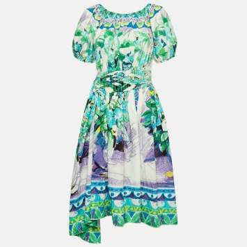 Pre Owned Prada Multicolor Printed Cotton Asymmetric Midi Dress M