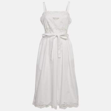 Pre Owned Prada White Cotton Lace Detail Sleeveless Belted Midi Dress L