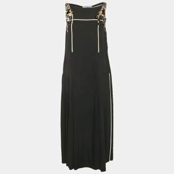 Prada Black Embellished Crepe Pleated Sleeveless Dress M