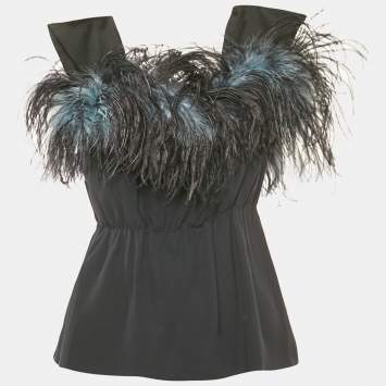 Prada Black Crepe Feather Trim Ruched Top M