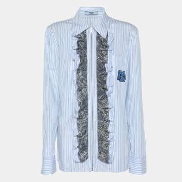 Prada Blue/White Striped Cotton Brocade Ruffle Detail Button Front Shirt M