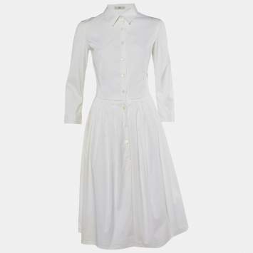 Prada White Stretch Cotton Pleated Shirt Dress M