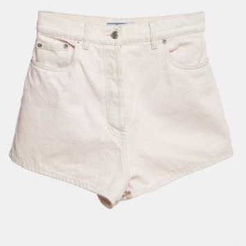 Prada Pink Denim Triangle Logo Detail Shorts S Waist 27"