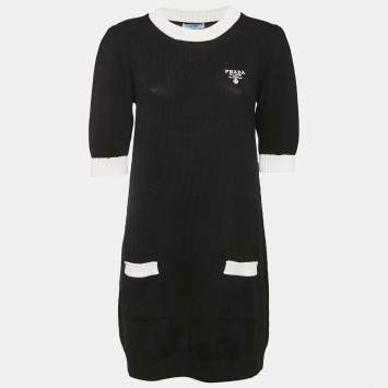 Pre Owned Prada Black Cotton Knit Logo Embroidered Mini Dress M