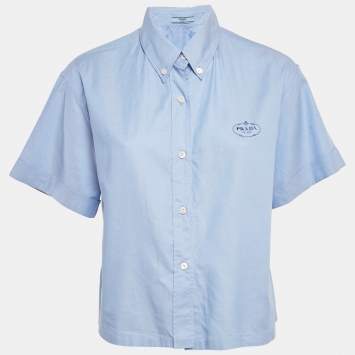 Prada Blue Logo Embroidered Cotton Short Sleeve Shirt M