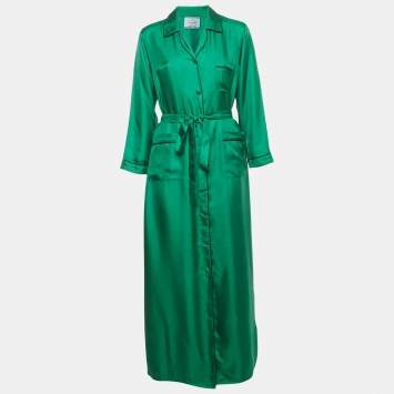 Pre Owned Prada Green Satin Silk Button Front Belted Long Dress M