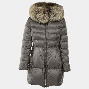 Pre Owned Prada Grey Nylon Fox Fur Trim Detail Quilted Down Jacket M