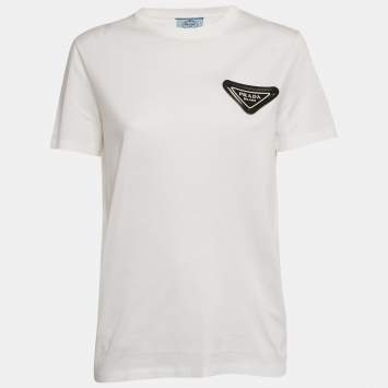 PRADA クロップド ロゴプレート ダメージ加工 Tシャツ ホワイト PRADA クロップド ロゴプレート ダメージ加工 Tシャツ ホワイト