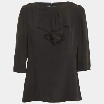 Pre Owned Prada Black Silk Neck Frill Detail Blouse L