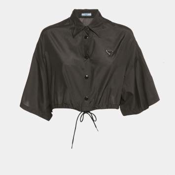 Pre Owned Prada Black Silk Drawstring Hem Crop Shirt S