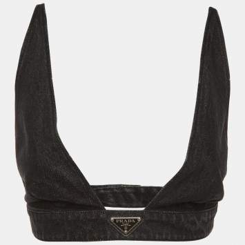 Pre Owned Prada Black Denim Logo Plaque Bralette M