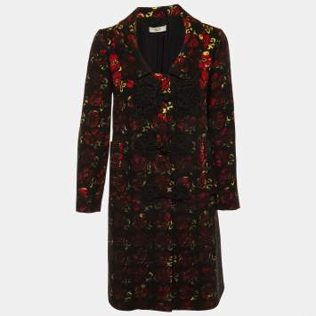 Pre Owned Prada Black Printed Virgin Wool Button Front Coat M
