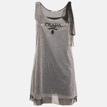 Pre Owned Prada Black Rhinestone Embellished Tie-Up Sleeve Mini Dress XS