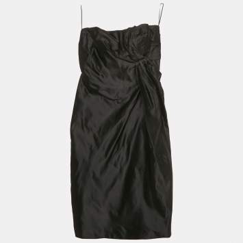 Pre Owned Prada Black Satin Silk Draped Strapless Mini Dress S