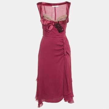 Pre Owned Prada Burgundy Silk Chiffon Bead Detail Midi Dress S