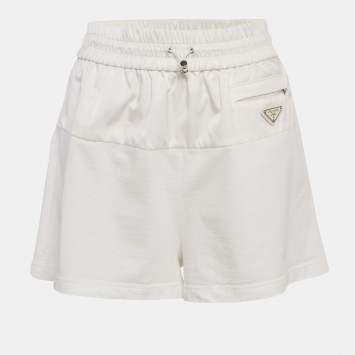 Pre Owned Prada White Jersey and Nylon Triangle Logo Detail Shorts S