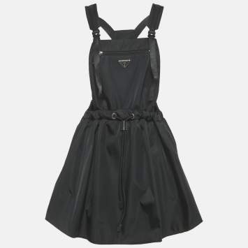 Pre Owned Prada Black Re-Nylon Logo Patch Pinafore Mini Dress M