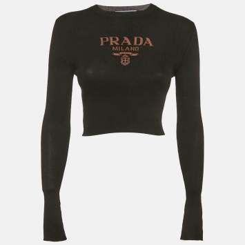 Pre Owned Prada Black Silk Rib Knit Logo Detail Crop Top M