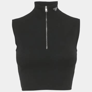 Pre Owned Prada Black Knit half Zip Sleeves Crop Top S