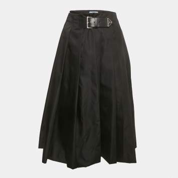 Pre Owned Prada Re Nylon Black Nylon Pleated Midi Skirt M 